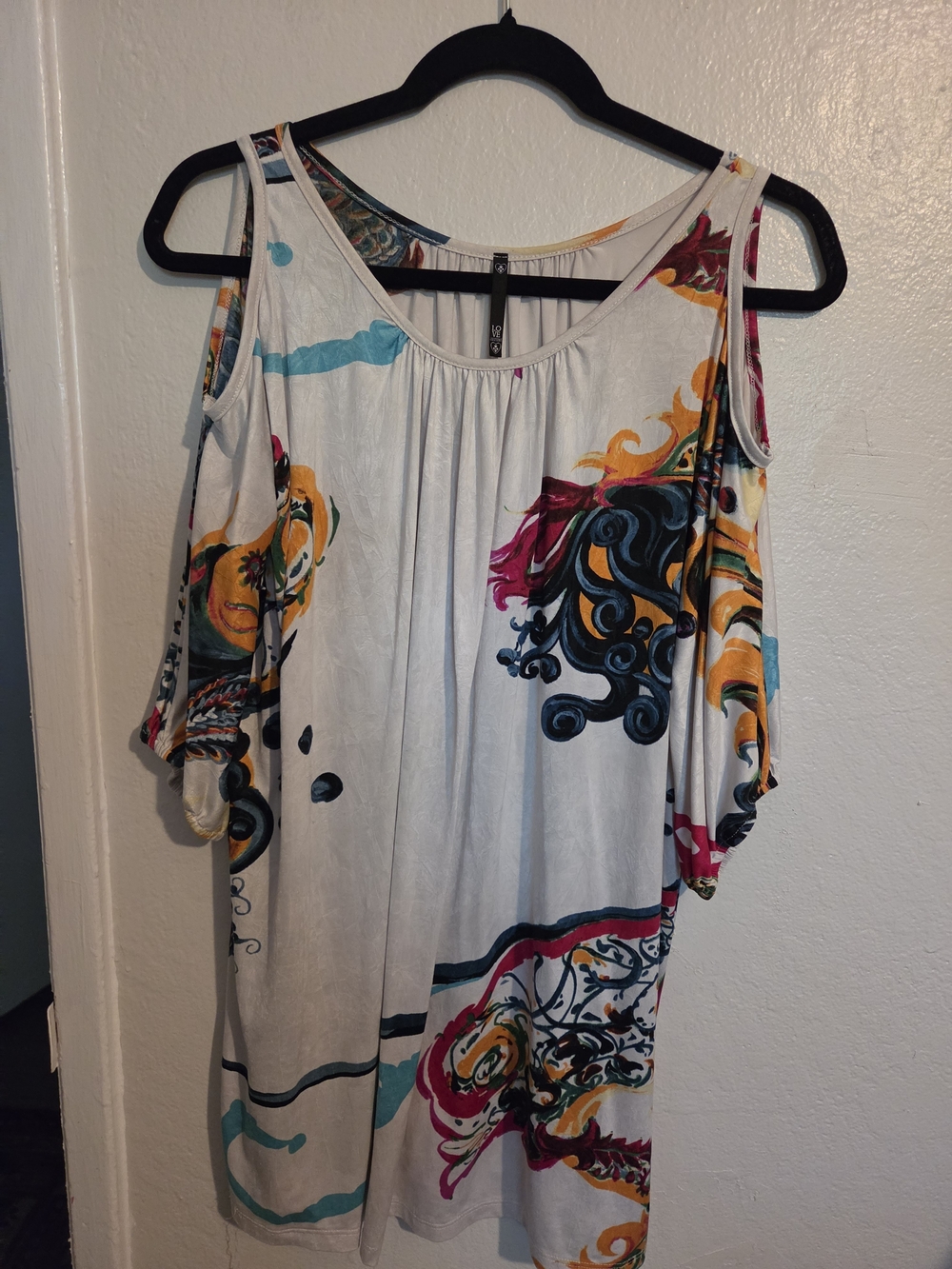 Love Culture White Cold-Shoulder Tunic with Multicolor Swirl Print